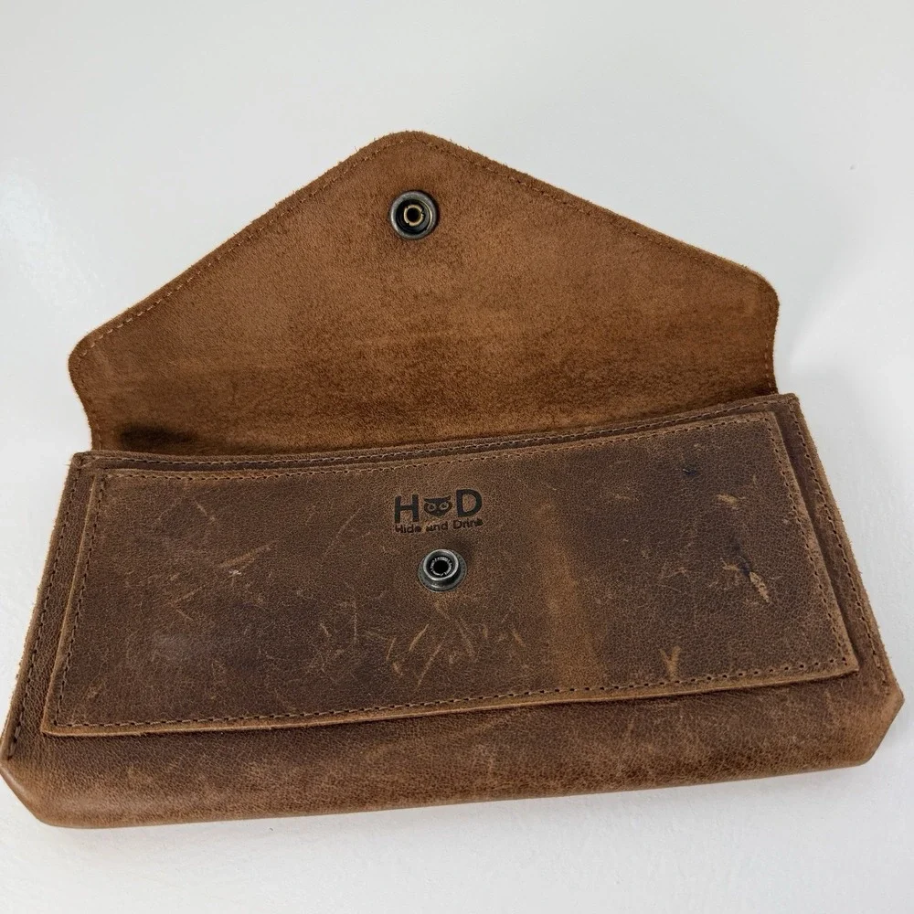Hide & Drink Full Grain Leather Envelope Wallet Clutch Snap Brown Rustic Pouch